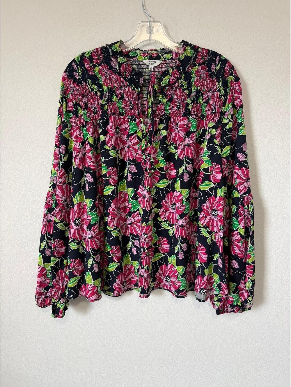 Crown & Ivy Colorful Floral Long Sleeve Ruffled Tie Neck Blouse Women's Size XL